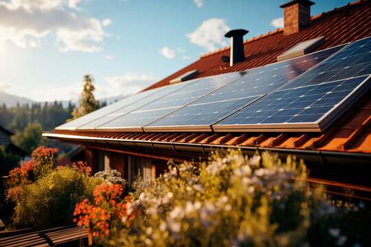 Vista de tejado de una casa con paneles solares en un d&iacute;a soleado, concepto de vida sostenible.
