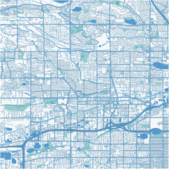 Map of Arvada in Colorado in a professional blue style. Contains layered vector with roads water, parks, etc.