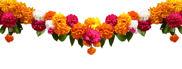 Orange and red marigold flowers isolated on transparent background. Chinese mid autumn festival or toran Indian traditional Diwali decoration. Symbol of mexican holiday Day of dead png 
