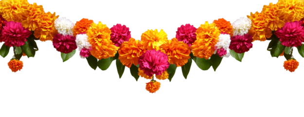 Orange and red marigold flowers isolated on transparent background. Chinese mid autumn festival or toran Indian traditional Diwali decoration. Symbol of mexican holiday Day of dead png 