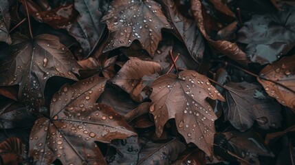 Fallen autumn leaves drenched in rain, their rich brown hues highlighted by glistening water droplets.