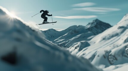 An adventurous skier leaps through fresh powder snow on a rugged mountain slope, capturing the thrill of the alpine wilderness.