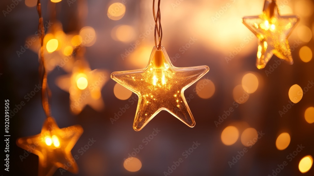 Poster star-shaped lights casting a warm glow with a soft bokeh effect, enhancing the christmas spirit.