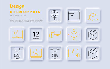 Design set icon. 3D modeling, product design, package printing, settings, analysis, error alert, approved design, product development, cube modeling