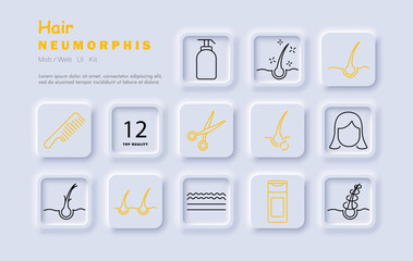 Hair set icon. Hair follicles, pH level, treatment, spray, scalp care, growth, injection, hair analysis, shampoo, loss, health