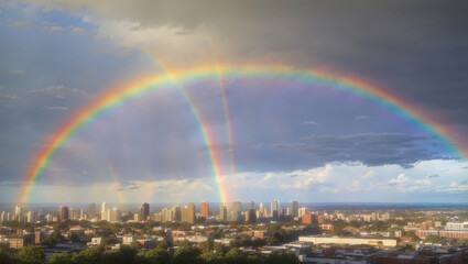 Double rainbow over a city. Clouds and buildings below.