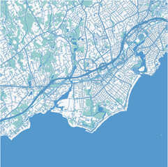Map of Fairfield in Connetticut in a professional blue style. Contains layered vector with roads water, parks, etc.