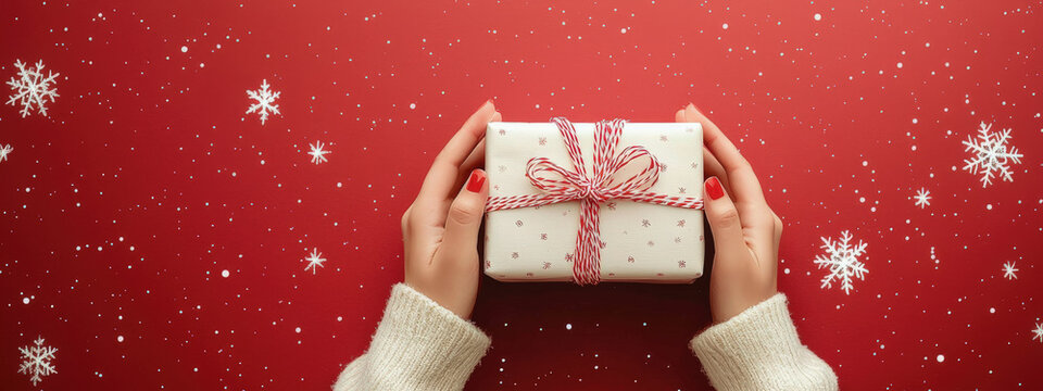 Paquete regalo envuelto en papel regalo blanco y lazo rosa, siendo colocado con las manos, sobre superficie roja decorada con estrellas en color blanco. Concepto fondos navide&ntilde;os