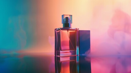 A sleek perfume bottle stands elegantly against a dreamy pastel backdrop, exuding luxury and sophistication.