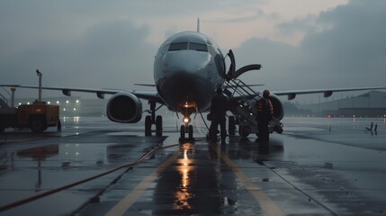 An airplane is grounded on a wet tarmac at dawn, with crew attending to it, creating a scene of early morning airport bustle.