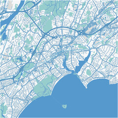 Map of Midford in Connecticut in a professional blue style. Contains layered vector with roads water, parks, etc.