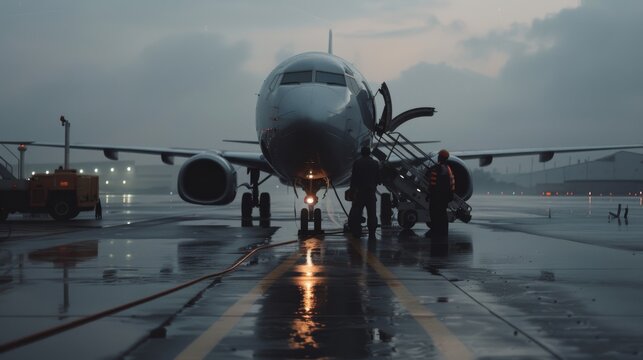 An airplane is grounded on a wet tarmac at dawn, with crew attending to it, creating a scene of early morning airport bustle.