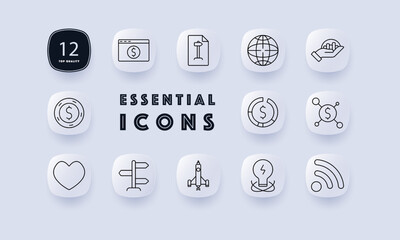 Finance set icon. Coin, browser with dollar, podium, globe, stock, currency, investment, heart, airplane, rocket, lightbulb, Wi-Fi. Focused on finance, investment, and technology themes