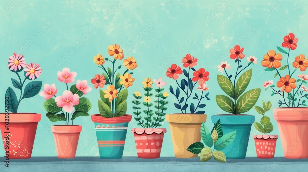 Poster various decorative pots filled with vibrant flowers create an attractive display against a soft, lig