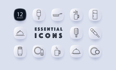 Food and beverage set icon. Ice cream, frying pan, coffee, and refrigerator. Represents kitchen appliances, drinks, meals, and food preparation tools