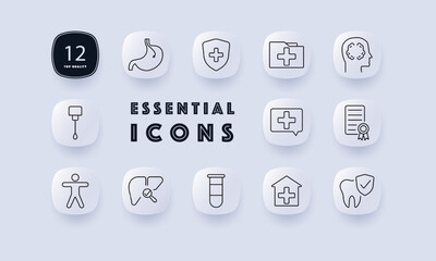 Healthcare set icon. Stomach, medical records, liver, and home healthcare. Represents medical diagnostics, treatment, and patient care.