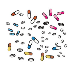 seamless pattern of different types of pills medicine isolated on white background