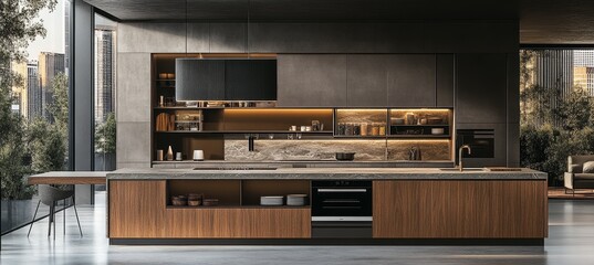 Modern Luxury Kitchen Interior with Island, Wood Cabinets, and Metallic Accents in Earth Tones.