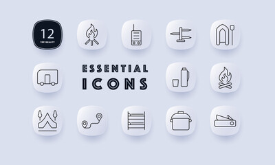 Camping set icon. Campfire, walkie-talkie, tent, and cooking equipment. Icons represent camping essentials, outdoor survival tools, and nature exploration