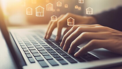 Person Typing on Laptop with Digital Icons of Houses Floating Above the Keyboard