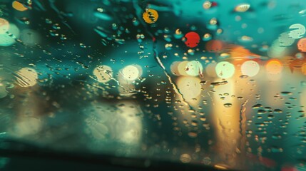Water droplets scatter across a car windshield at dusk, with city lights creating a kaleidoscopic illumination in the background.