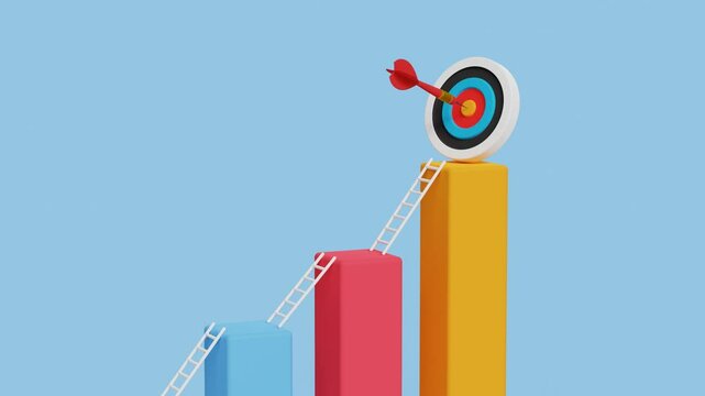 Small steps to success, step by step growth. Business goals, progress, improvement, achievements or objectives. 3D bar graph with ladders reaching the archery target. 4K 3D animation