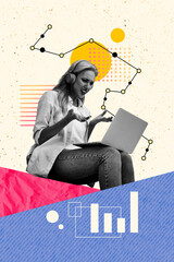 Vertical photo collage of dissatisfied girl freelancer wear headphones surf laptop bankrupt chart...