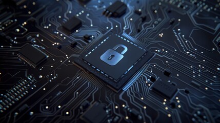 A secure digital chip is centrally placed on a circuit board, signifying advanced technology and cybersecurity focus.