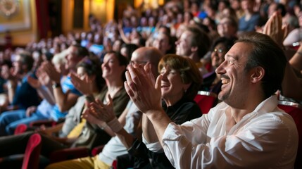 Enthralled audience members in a theater clap with delight, sharing moments of joy and cultural appreciation in a warmly lit auditorium.