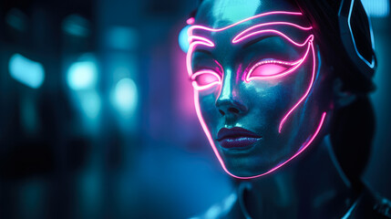 Futuristic artwork featuring a cybernetic face with neon lights, conveying a sense of mystery and modernity, combining tech with art.