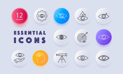 Vision goals set icon. Eye settings, closed eye, eye with fire, vision on target, global vision, telescope, and vision in hand