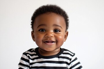 Smiling baby with striped shirt showing first teeth against white background Generative AI