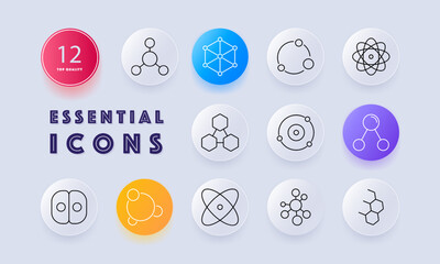 Molecular structure set icon. Molecular models, chemical bonds, atomic structure, atom nucleus, molecular orbitals, and particle interaction diagrams