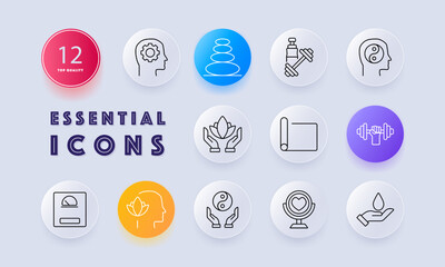 Wellbeing and fitness set icon. Head with gears, stacked stones, dumbbells, mental health, yoga mat, mind-body balance, meditation, fitness weights, and mindfulness