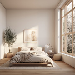 Obraz premium Minimalist bedroom, all white interior with wooden accents, large window on the right side of room looking out to trees and sky, light brown bed frame, beige bedding, small plant in corner.