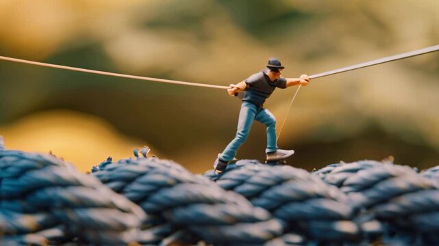 A small figure pulls on a rope stretched across a thick, twisted blue rope, Combining strengths to overcome challenges
