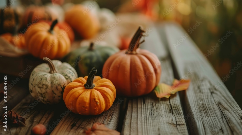 Sticker A rustic wooden table adorned with vibrant pumpkins of various sizes and colors, evokes the charm and warmth of an autumn harvest.