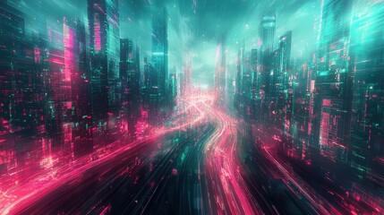 Futuristic Digital Cityscape with Glowing Neon Lights and Blurred Motion