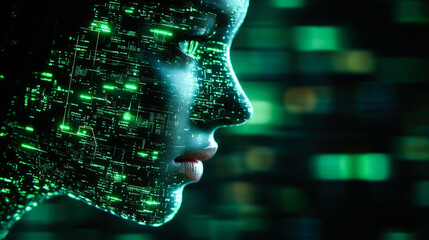 A profile of a human face immersed in a glowing green matrix, symbolizing the interface between technology and life.