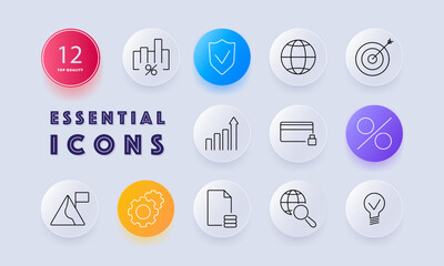 Financial growth set icon. Bar chart, shield, globe, target, credit card, percentage, progress, gear, document, search, and idea