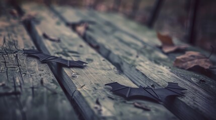 Naklejka premium Paper bats lie eerily on a weathered wooden table, evoking a spooky, mysterious atmosphere with fallen leaves and dim light.