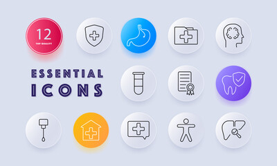 Health services set icon. Medical shield, stomach, health folder, mental health, test tube, certificate, dental care, drip, healthcare facility, communication, fitness, liver health.