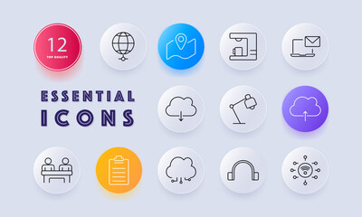 Cloud computing set icon. Globe, location, printer, email, cloud download, desk lamp, cloud upload, teamwork, checklist, headphones, wireless network