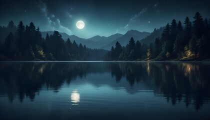 Calm lake with glowing moonlight , creating a dynamic and abstract pattern