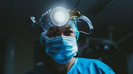 Focused surgeon in scrubs with illuminated headlight performs a delicate medical procedure in an operating room.