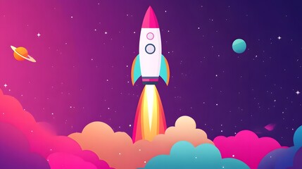 A pink rocket rises from colorful clouds, in a simple, flat illustration style with clean lines and vector graphics.