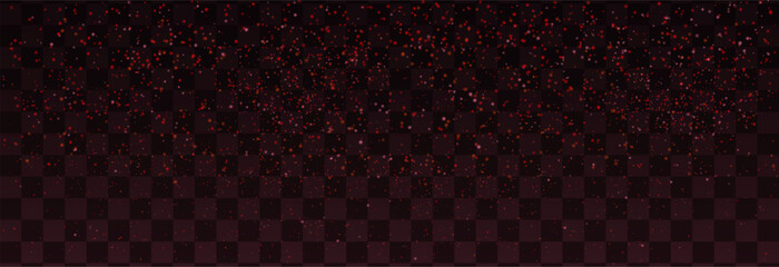 Red glowing particles floating on transparent background. Abstract glittering dust, shiny sparkles, and bokeh effects