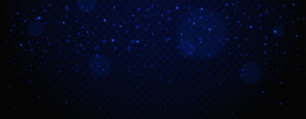 Dark blue glowing particles on transparent background. Abstract glittering dust and sparkling lights, bokeh effects
