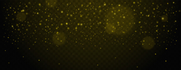 Golden glowing particles floating on transparent background. Abstract glittering dust, shiny sparkles, and bokeh effects