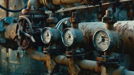 Industrial gauges and pipes with a vintage look emphasize functionality and engineering precision.